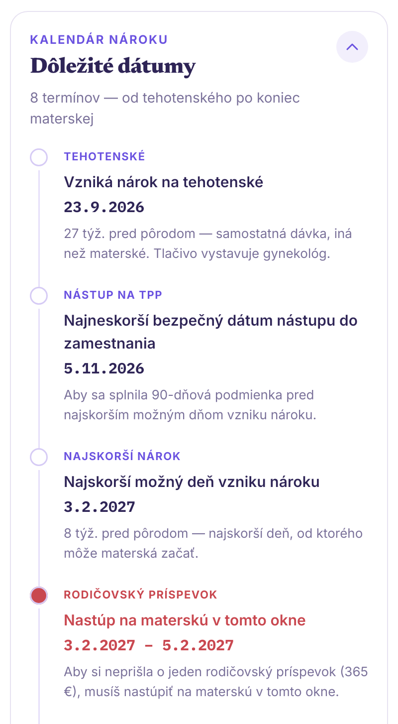 Ukážka dôležitých dátumov vrátane okna pre rodičovský príspevok